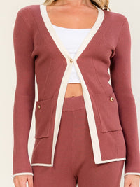 WOMEN'S LONG SLEEVE CARDIGAN & ELASTIC WAIST STRAIGHT LEG PANTS RIBBED 2PC. SET