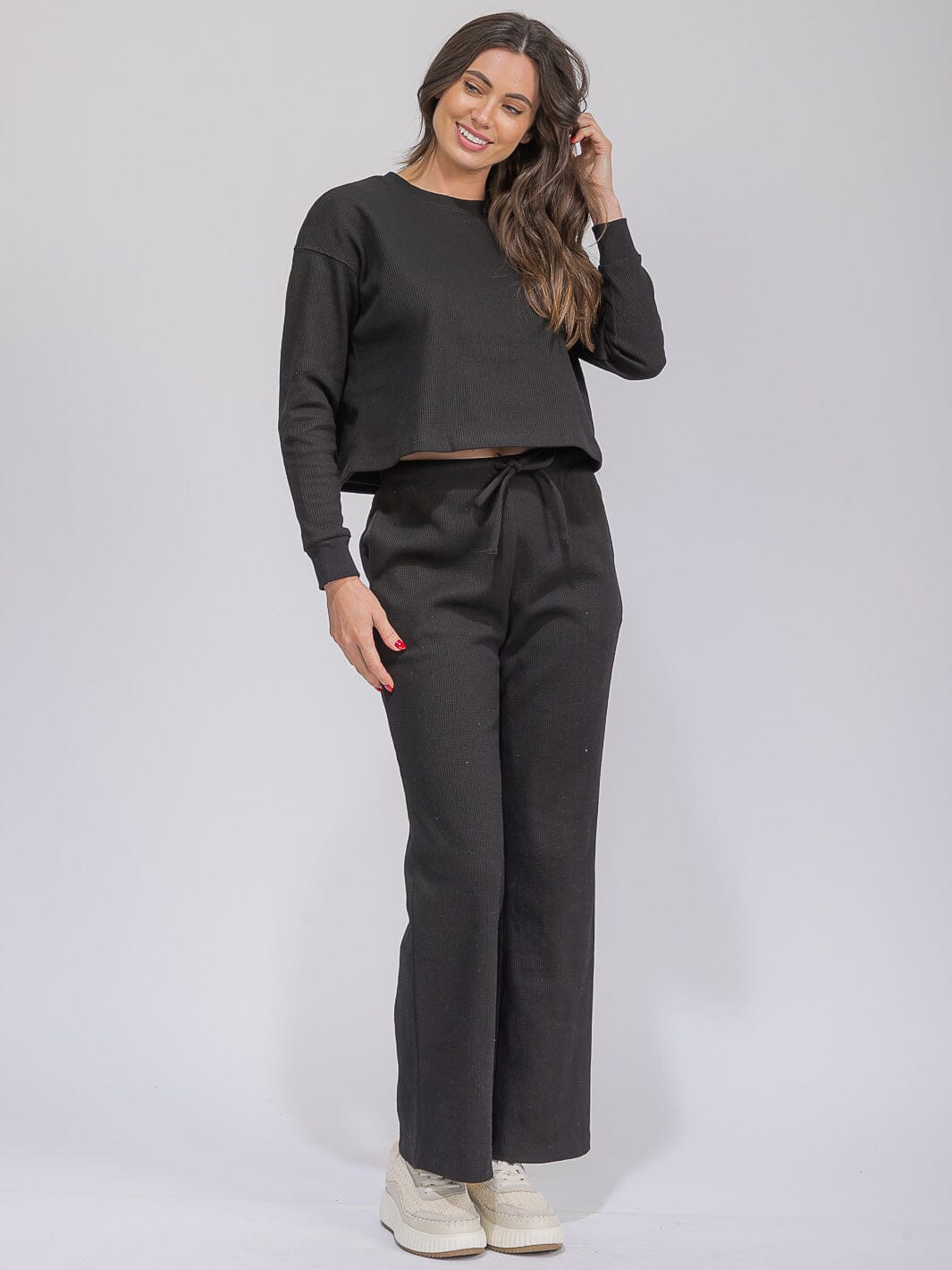 WOMEN'S LONG SLEEVE TOP & ELASTIC WAIST WIDE LEG PANTS RIBBED 2PC. SET