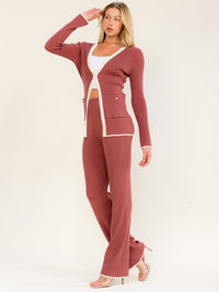 WOMEN'S LONG SLEEVE CARDIGAN & ELASTIC WAIST STRAIGHT LEG PANTS RIBBED 2PC. SET