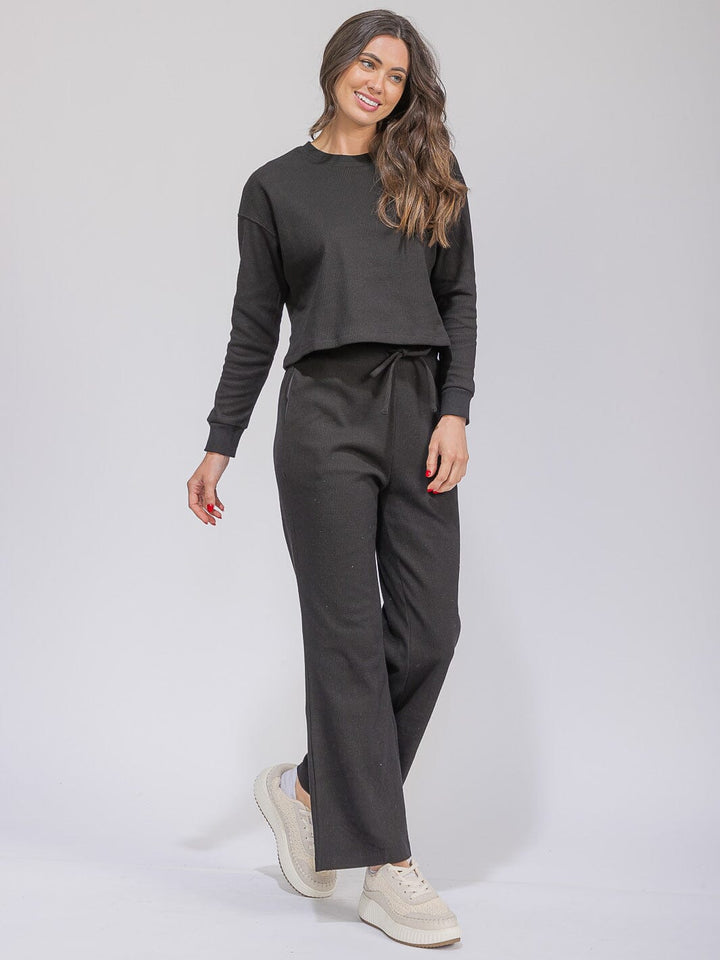 WOMEN'S LONG SLEEVE TOP & ELASTIC WAIST WIDE LEG PANTS RIBBED 2PC. SET