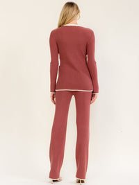 WOMEN'S LONG SLEEVE CARDIGAN & ELASTIC WAIST STRAIGHT LEG PANTS RIBBED 2PC. SET