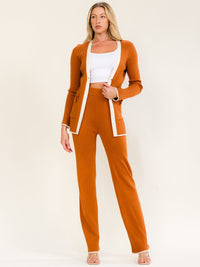 WOMEN'S LONG SLEEVE CARDIGAN & ELASTIC WAIST STRAIGHT LEG PANTS RIBBED 2PC. SET