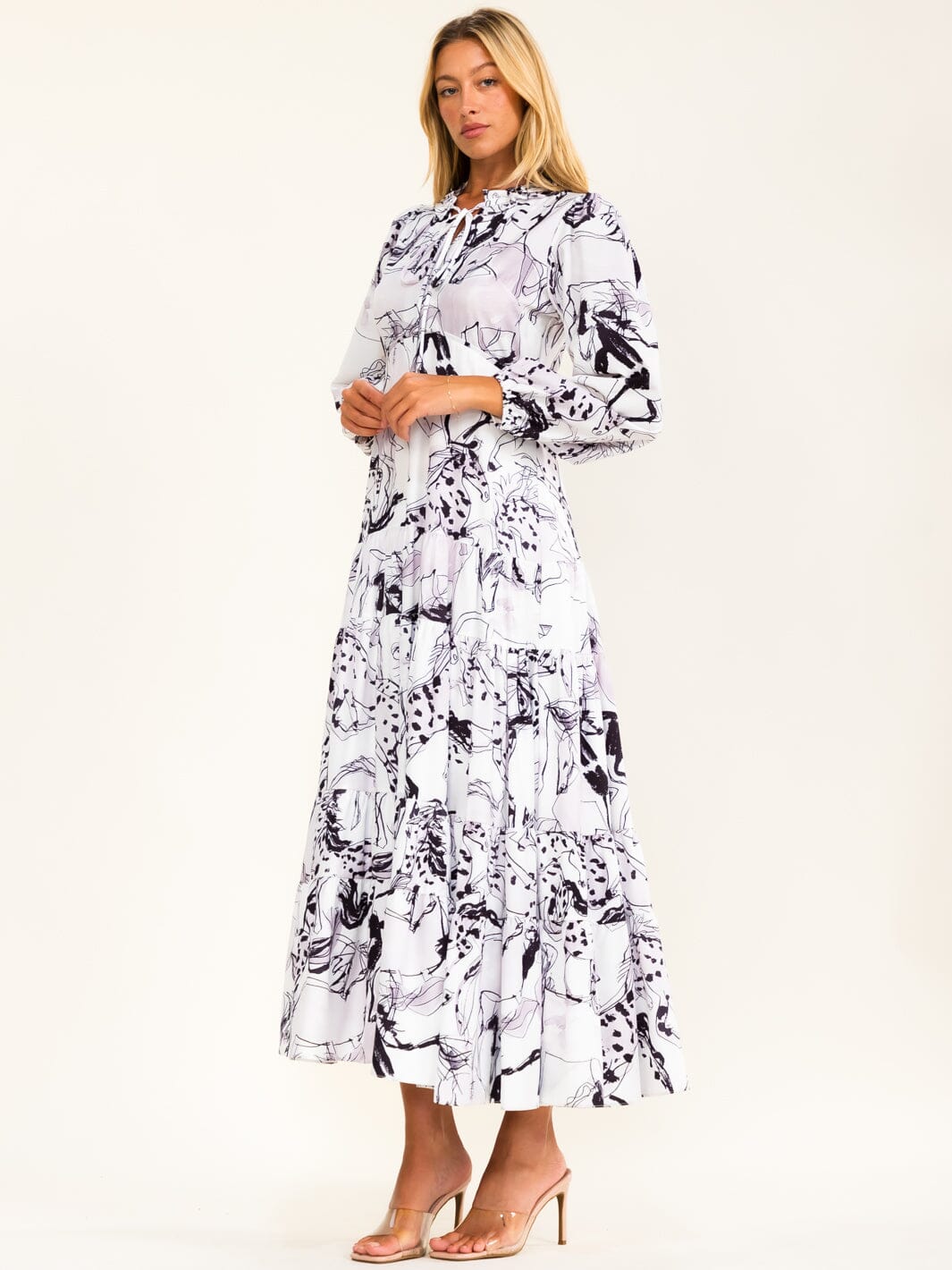 BEULAH WOMEN'S LONG SLEEVE HORSE PRINT SATIN MAXI DRESS