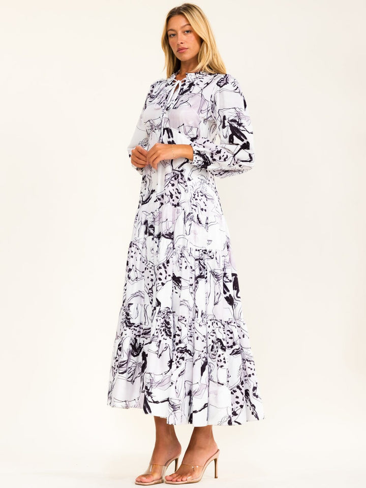 BEULAH WOMEN'S LONG SLEEVE HORSE PRINT SATIN MAXI DRESS