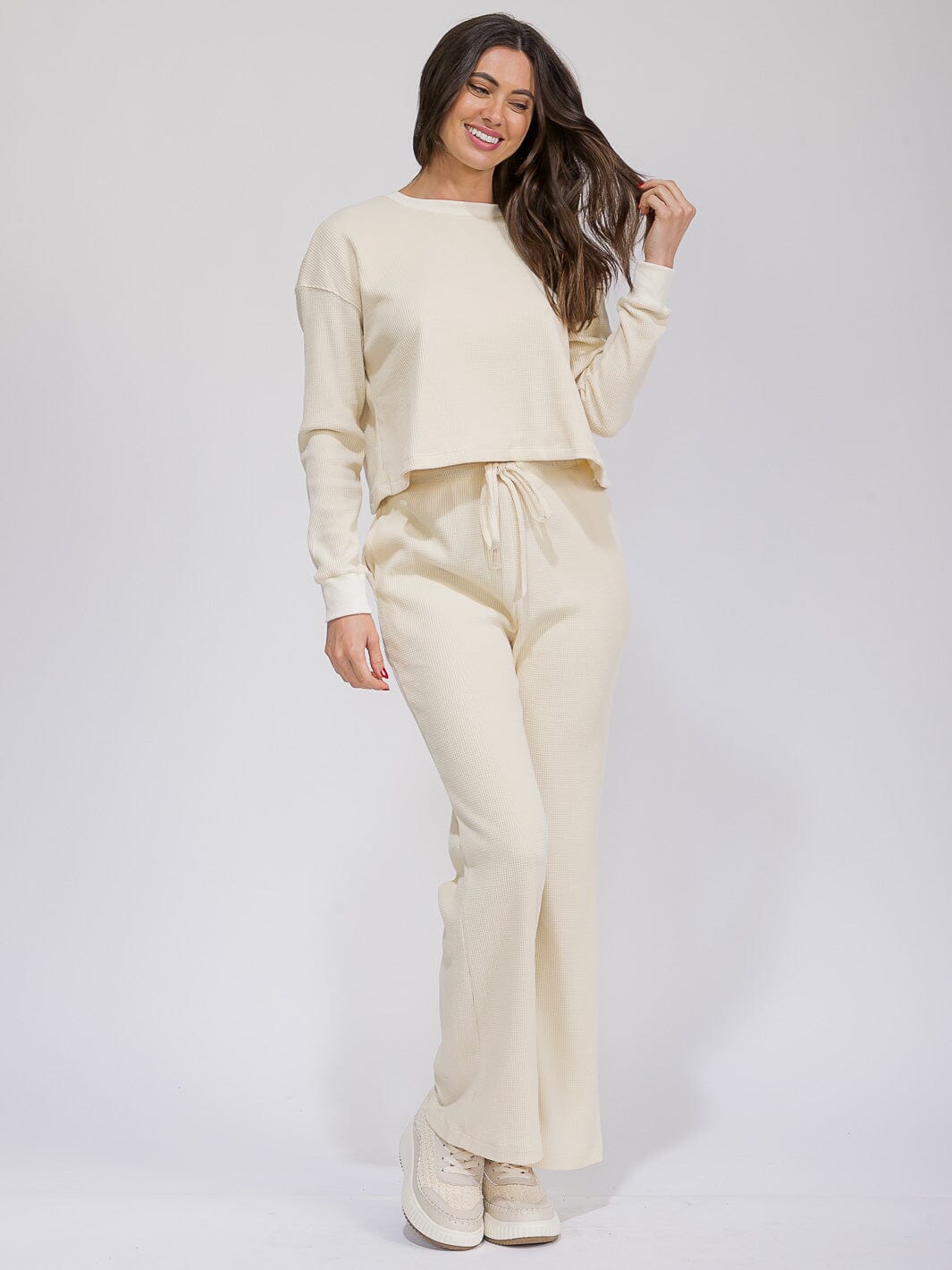 WOMEN'S LONG SLEEVE TOP & ELASTIC WAIST WIDE LEG PANTS RIBBED 2PC. SET