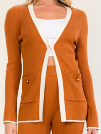 WOMEN'S LONG SLEEVE CARDIGAN & ELASTIC WAIST STRAIGHT LEG PANTS RIBBED 2PC. SET