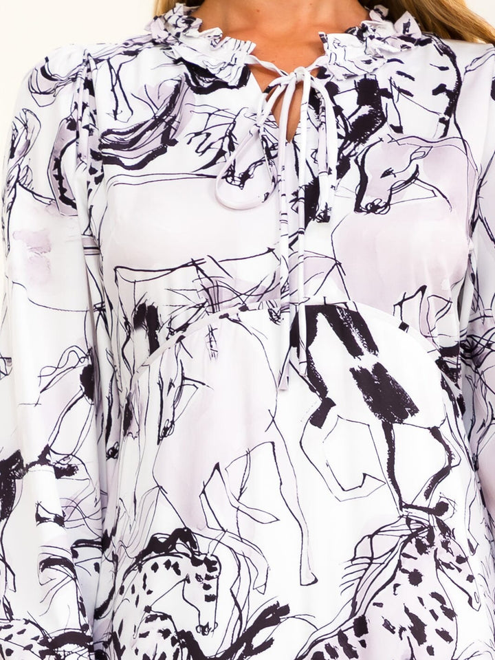 BEULAH WOMEN'S LONG SLEEVE HORSE PRINT SATIN MAXI DRESS