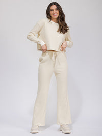 WOMEN'S LONG SLEEVE TOP & ELASTIC WAIST WIDE LEG PANTS RIBBED 2PC. SET