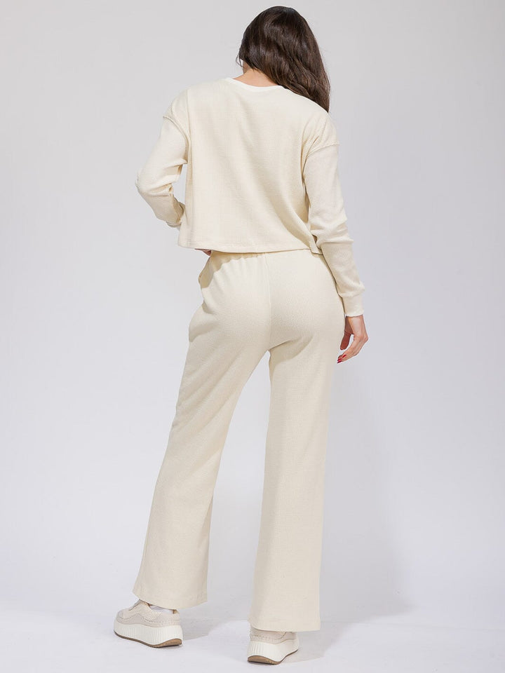 WOMEN'S LONG SLEEVE TOP & ELASTIC WAIST WIDE LEG PANTS RIBBED 2PC. SET