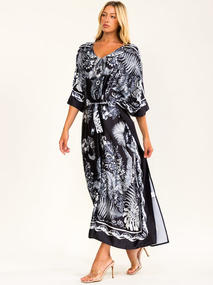 BEULAH WOMEN'S 3/4 SLEEVE FLORAL SATIN SELF TIE MAXI DRESS