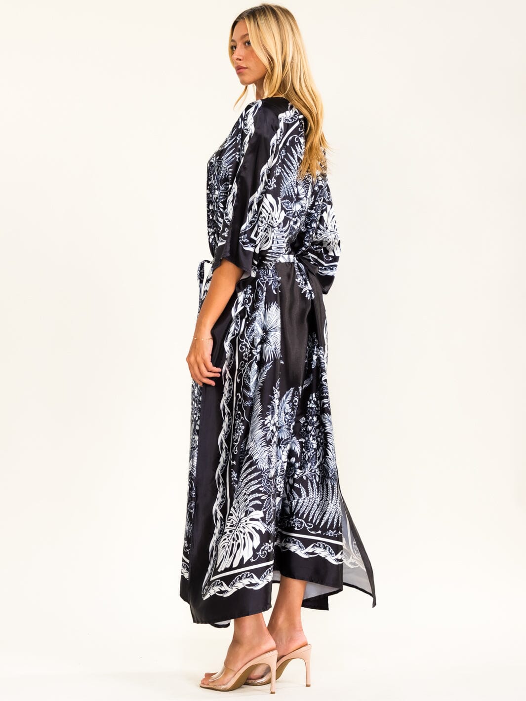 BEULAH WOMEN'S 3/4 SLEEVE FLORAL SATIN SELF TIE MAXI DRESS