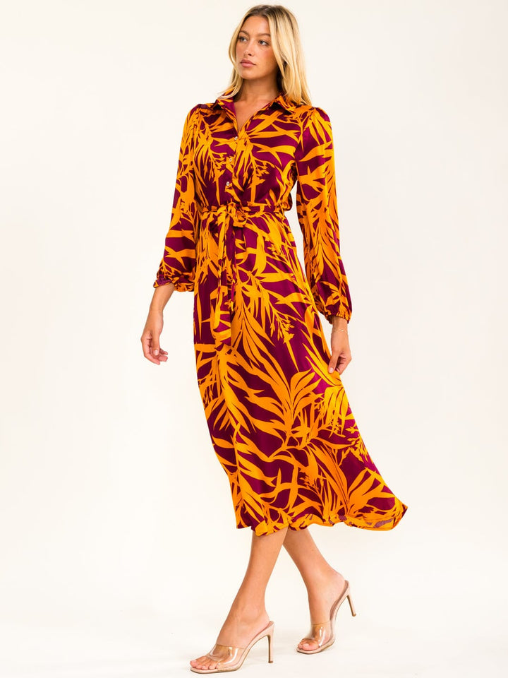 ENTRO WOMEN'S LONG SLEEVE FRONT POCKETS SELF TIE MULTI PRINT MAXI DRESS
