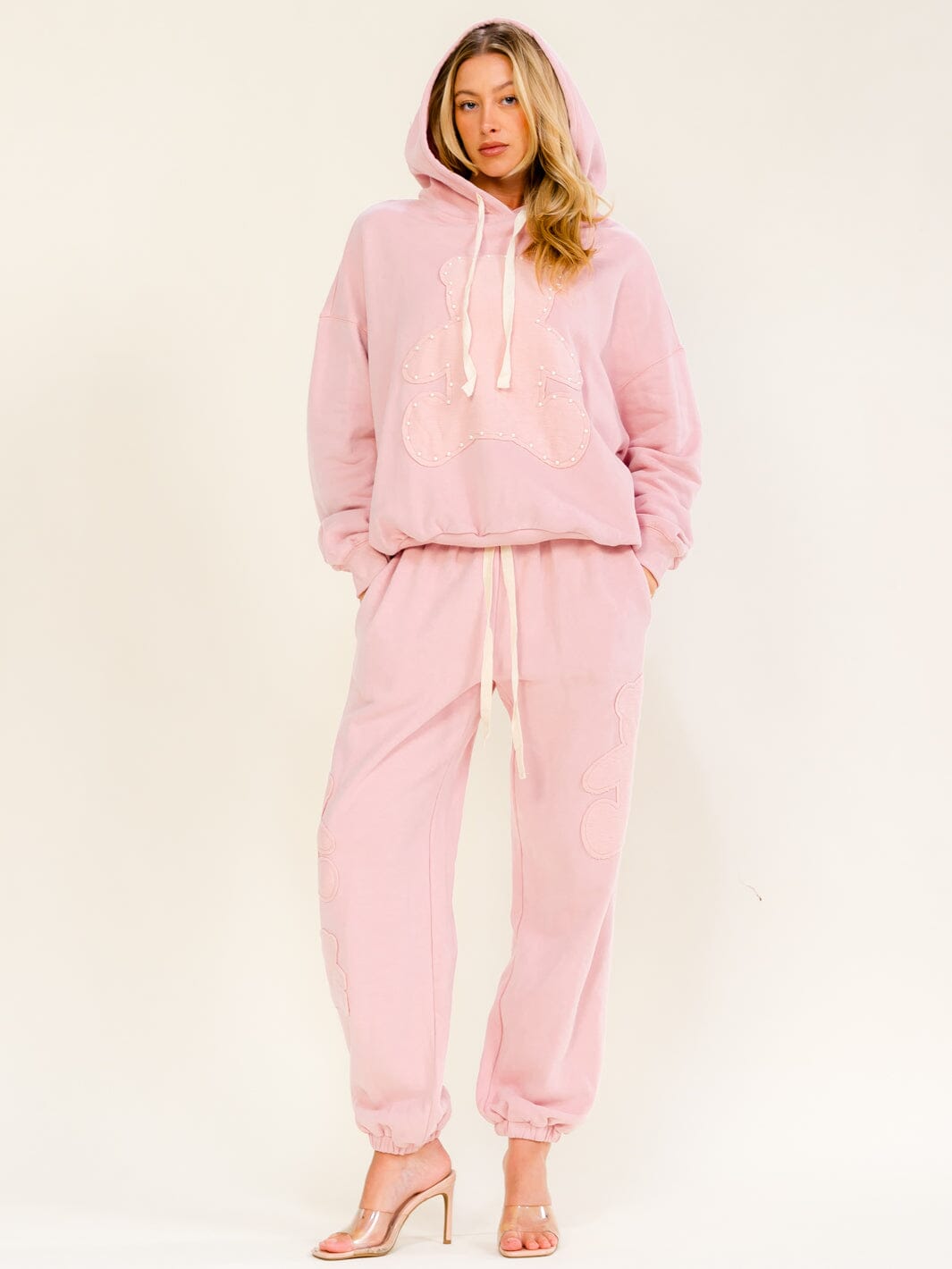 WOMEN'S LONG SLEEVE HOODED SWEATER & ELASTIC WAIST JOGGER LEG PANTS TEDDY BEAR 2PC. SET