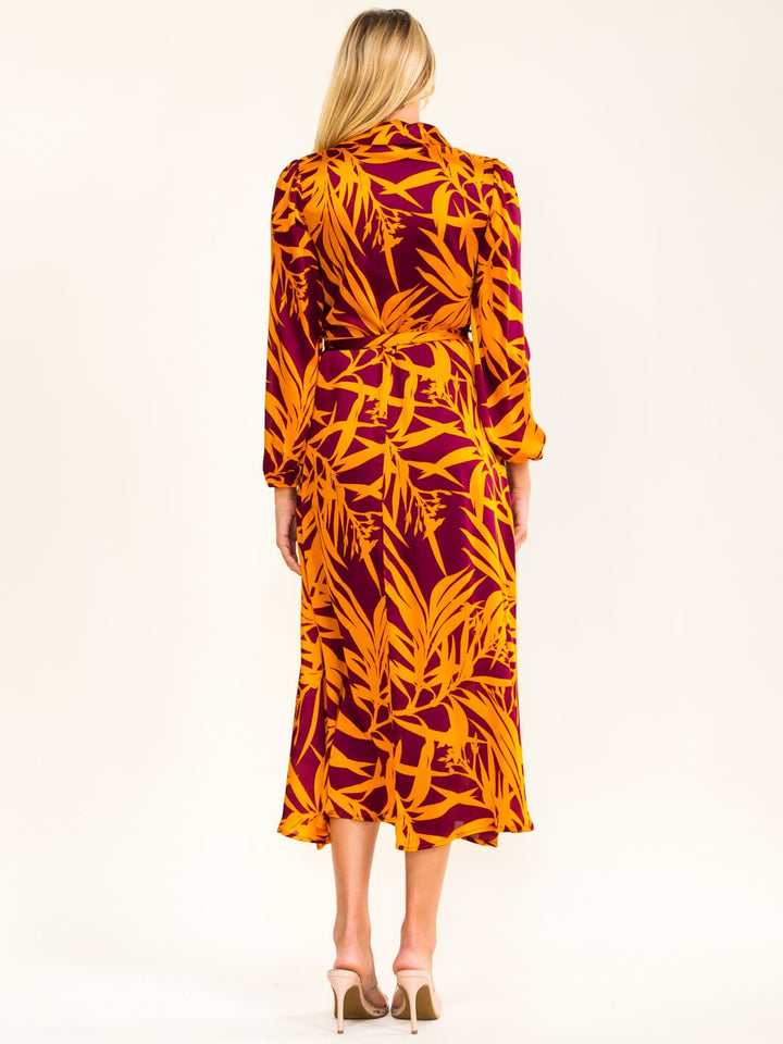 ENTRO WOMEN'S LONG SLEEVE FRONT POCKETS SELF TIE MULTI PRINT MAXI DRESS