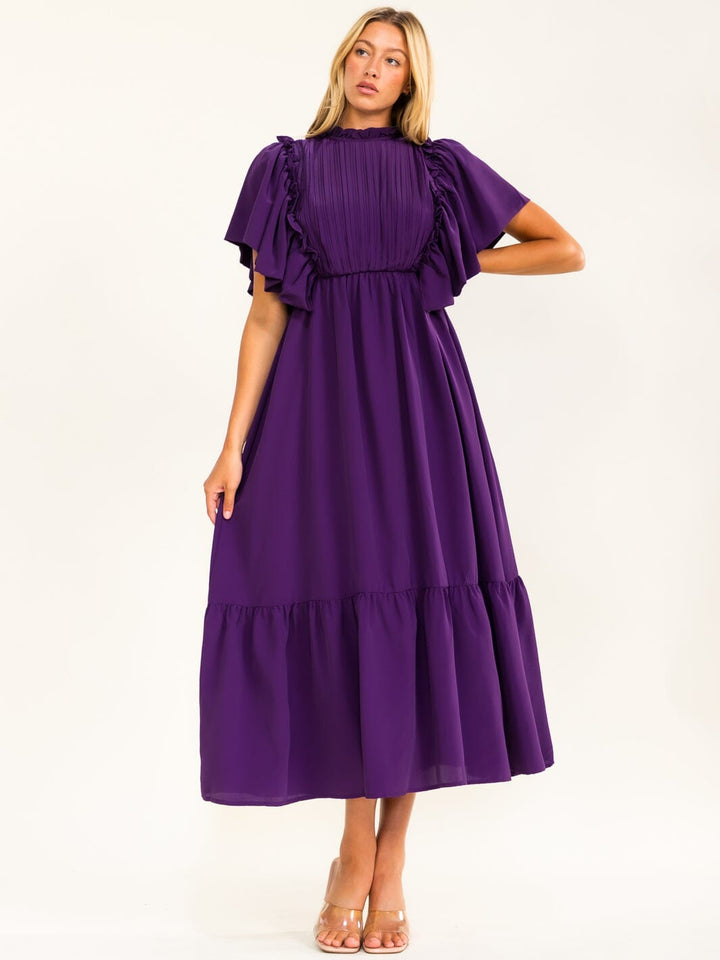 ENTRO WOMEN'S SHORT SLEEVE RUFFLE ELASTIC WAIST MAXI DRESS