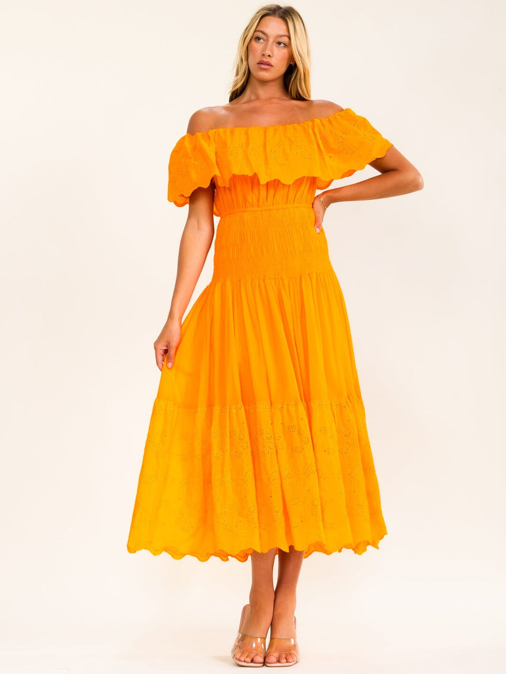 BEULAH WOMEN'S OFF SHOULDER ELASTIC WAIST EYELET MAXI DRESS