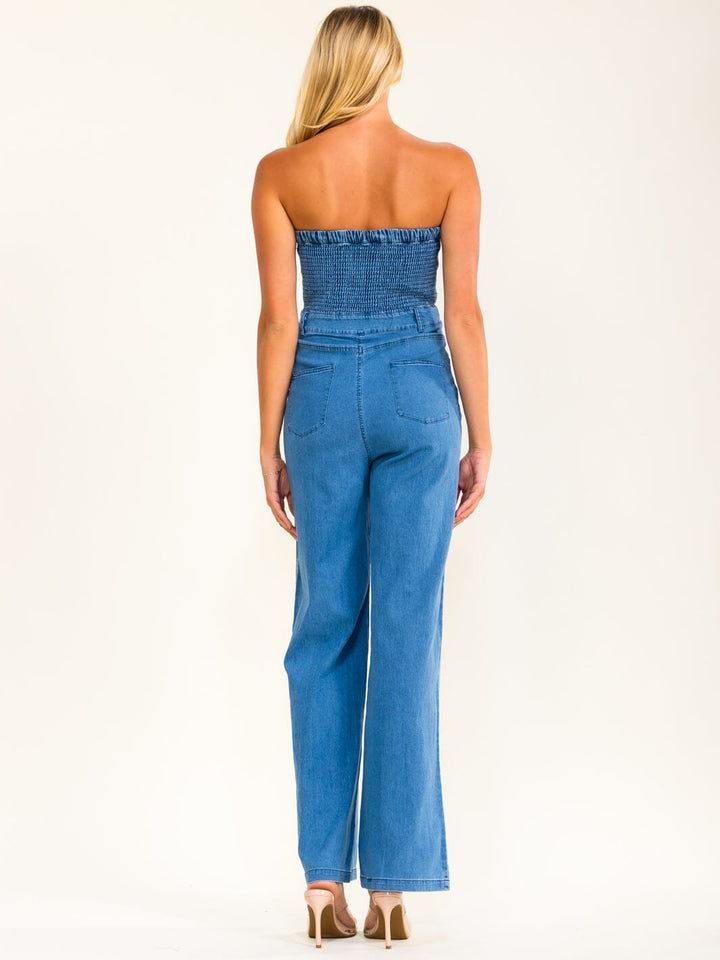 WOMEN'S SLEEVELESS ZIP UP SMOCK POCKETS WASHED DENIM WIDE LEG JUMPSUIT