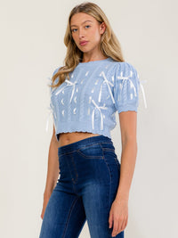 WOMEN'S SHORT SLEEVE CROCHET BOWS DETAILED CROP BLOUSE