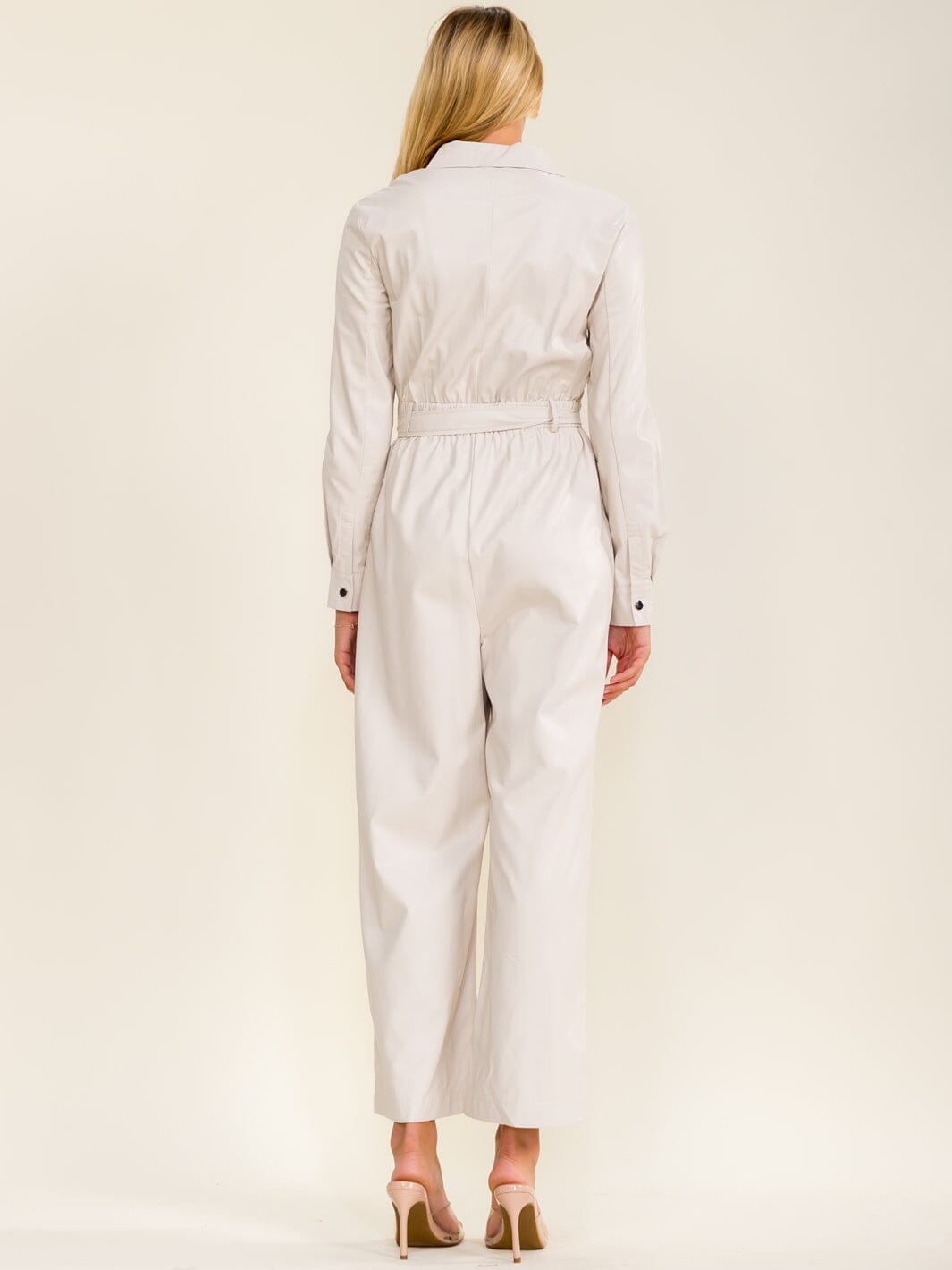 WOMEN'S LONG SLEEVE BUTTON UP SELF TIE POCKETS STRAIGHT LEG PU PLEATHER JUMPSUIT