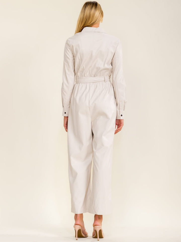 WOMEN'S LONG SLEEVE BUTTON UP SELF TIE POCKETS STRAIGHT LEG PU PLEATHER JUMPSUIT