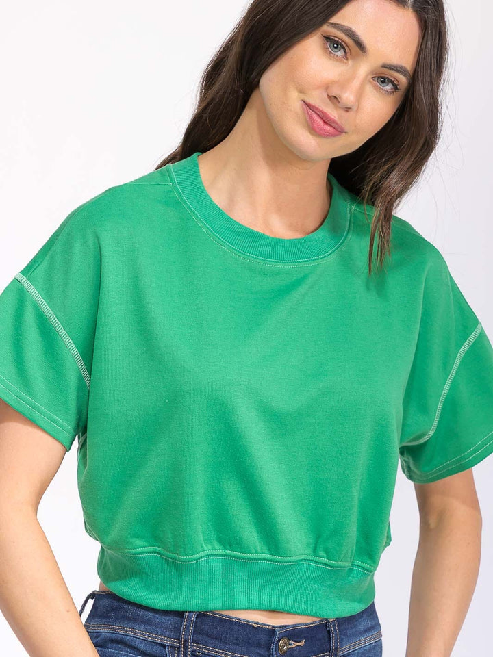 WOMEN'S SHORT SLEEVE SOLID ELASTIC WAIST TOP