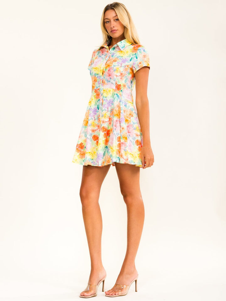 WOMEN'S SHORT SLEEVE BUTTON UP FLORAL MINI DRESS