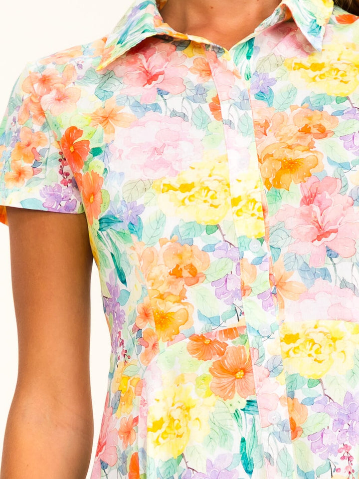 WOMEN'S SHORT SLEEVE BUTTON UP FLORAL MINI DRESS