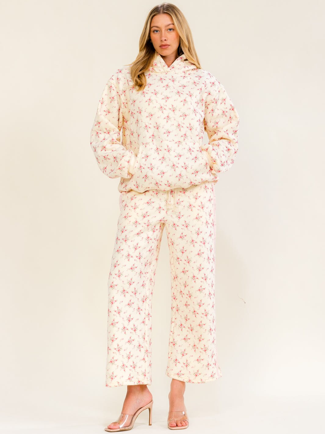 WOMEN'S LONG SLEEVE HOODED SWEATER & ELASTIC WAIST WIDE LEG PANTS FLORAL PRINT 2PC. SET
