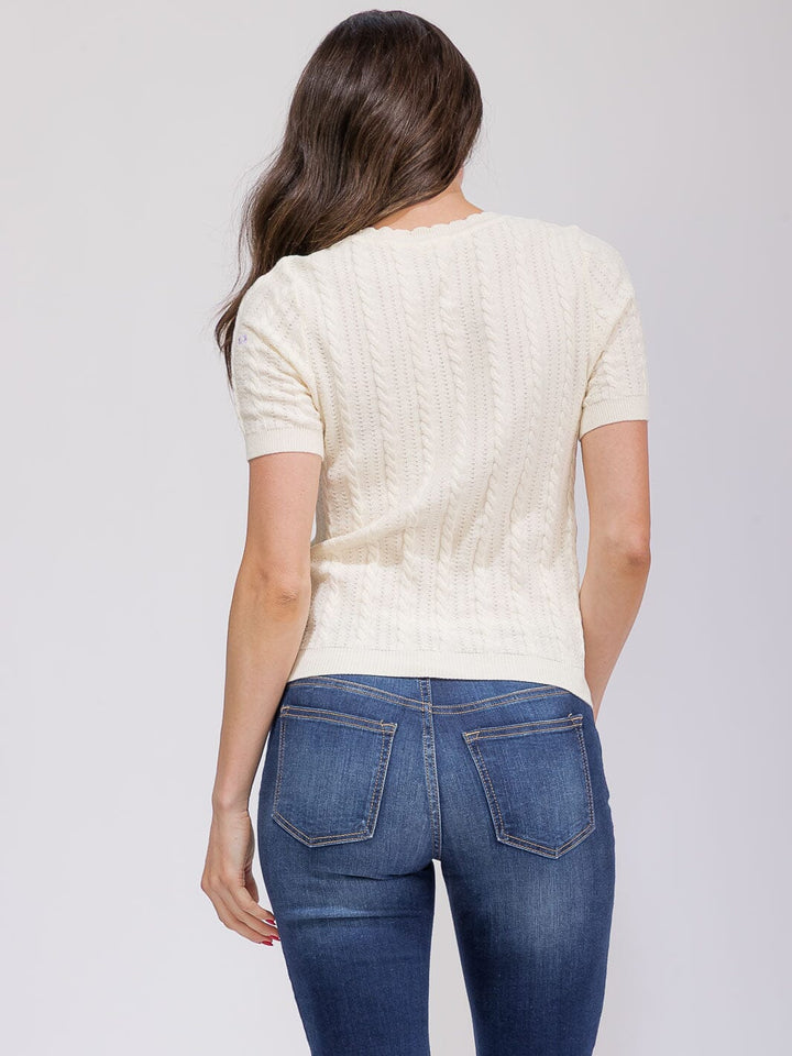 WOMEN'S SHORT SLEEVE KNIT FLORAL DETAILED BLOUSE