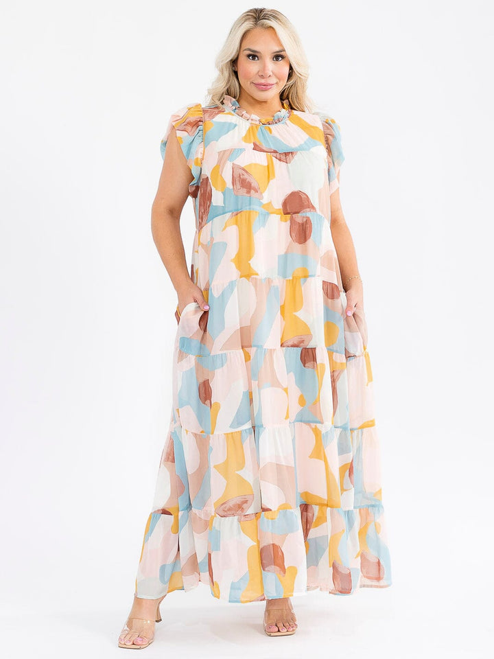 WOMEN'S RUFFLE SLEEVES MOCK NECK FRONT POCKETS MULTI PRINT TIERED MAXI DRESS