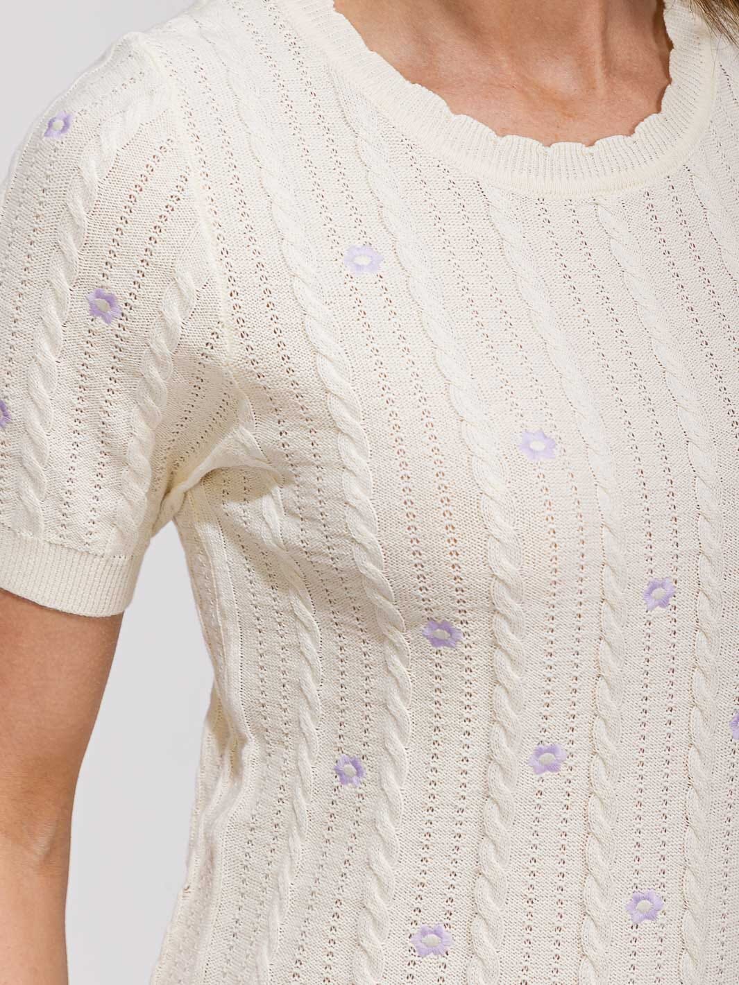 WOMEN'S SHORT SLEEVE KNIT FLORAL DETAILED BLOUSE