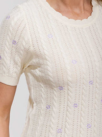 WOMEN'S SHORT SLEEVE KNIT FLORAL DETAILED BLOUSE