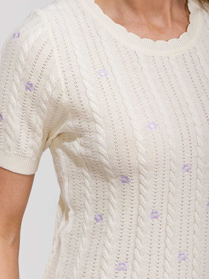 WOMEN'S SHORT SLEEVE KNIT FLORAL DETAILED BLOUSE