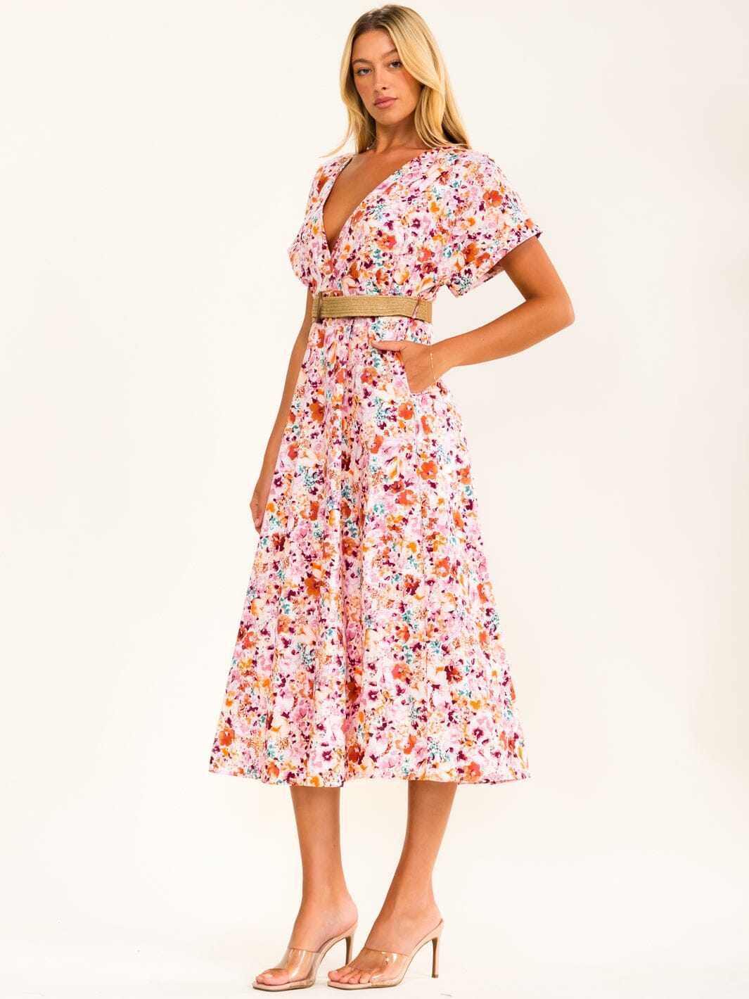 WOMEN'S SHORT SLEEVE V-NECK FRONT POCKETS BELTED FLORAL MIDI DRESS