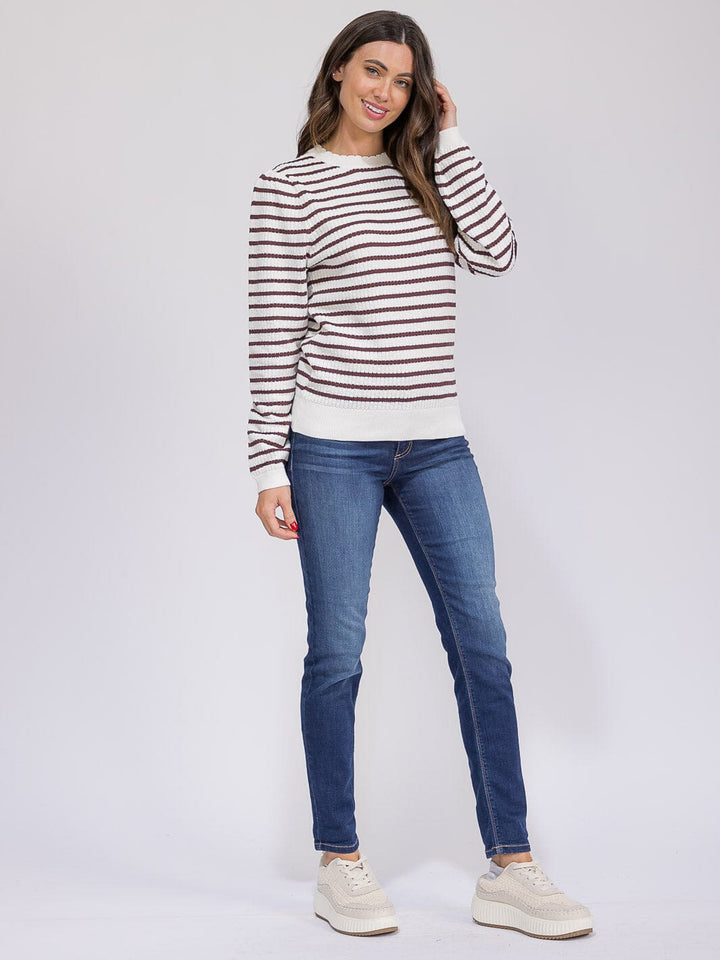 WOMEN'S LONG SLEEVE TRIM DETAILED COLORBLOCK STRIPES BLOUSE