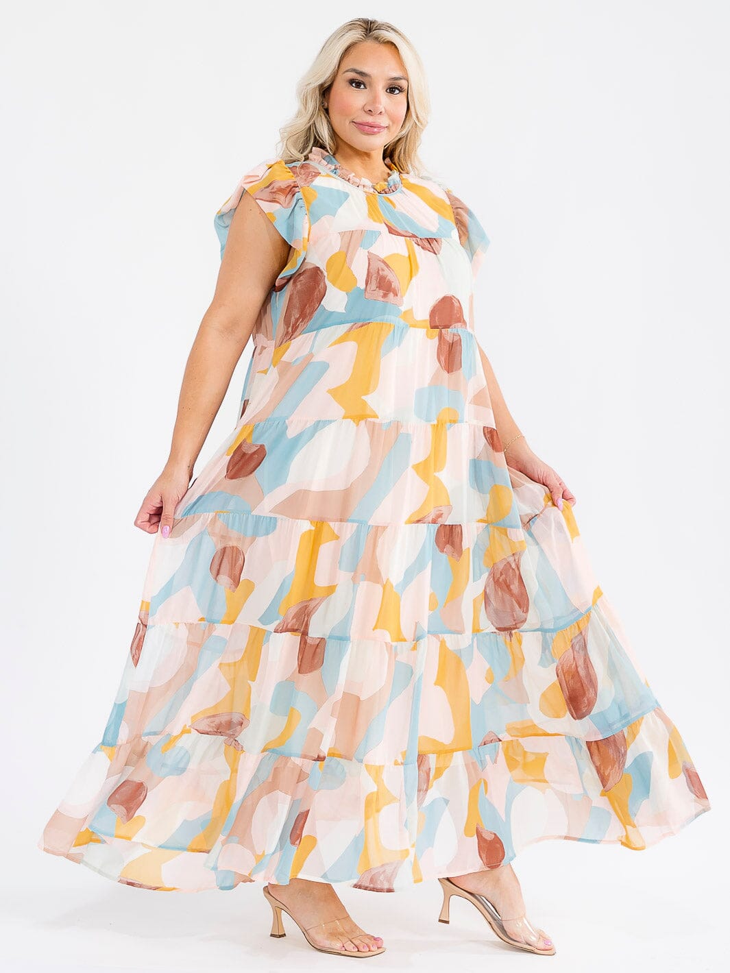 WOMEN'S RUFFLE SLEEVES MOCK NECK FRONT POCKETS MULTI PRINT TIERED MAXI DRESS