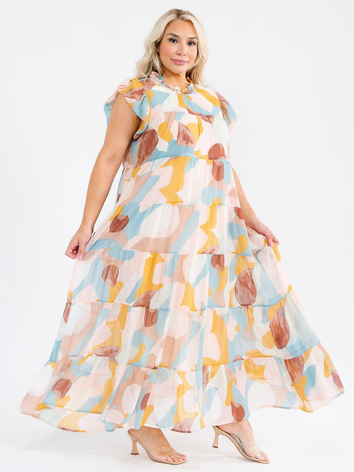 WOMEN'S RUFFLE SLEEVES MOCK NECK FRONT POCKETS MULTI PRINT TIERED MAXI DRESS