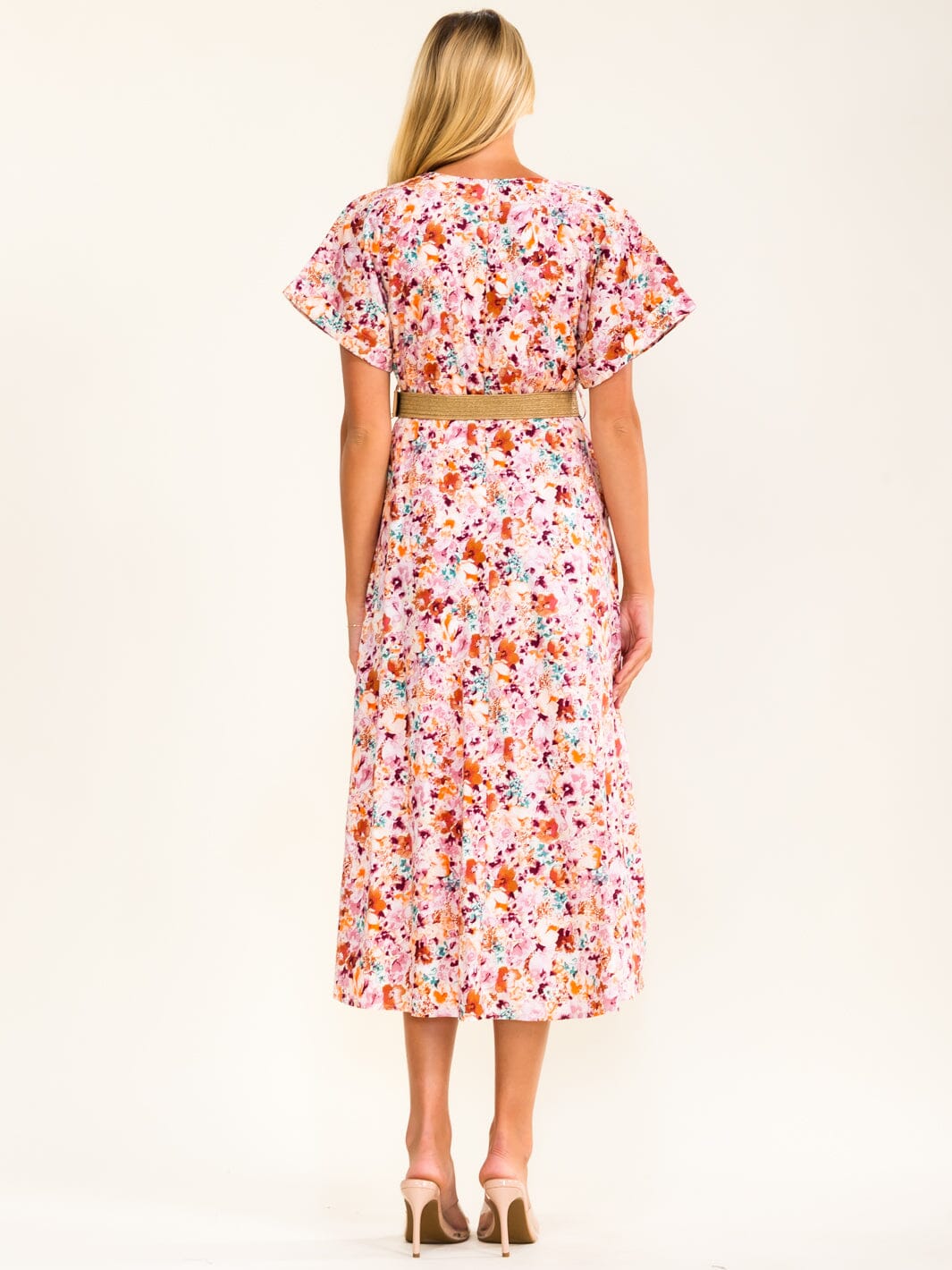 WOMEN'S SHORT SLEEVE V-NECK FRONT POCKETS BELTED FLORAL MIDI DRESS