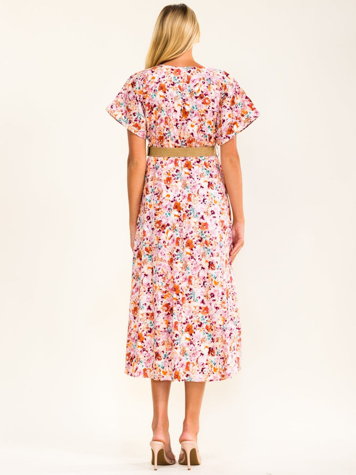 WOMEN'S SHORT SLEEVE V-NECK FRONT POCKETS BELTED FLORAL MIDI DRESS