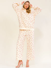 WOMEN'S LONG SLEEVE HOODED SWEATER & ELASTIC WAIST WIDE LEG PANTS FLORAL PRINT 2PC. SET