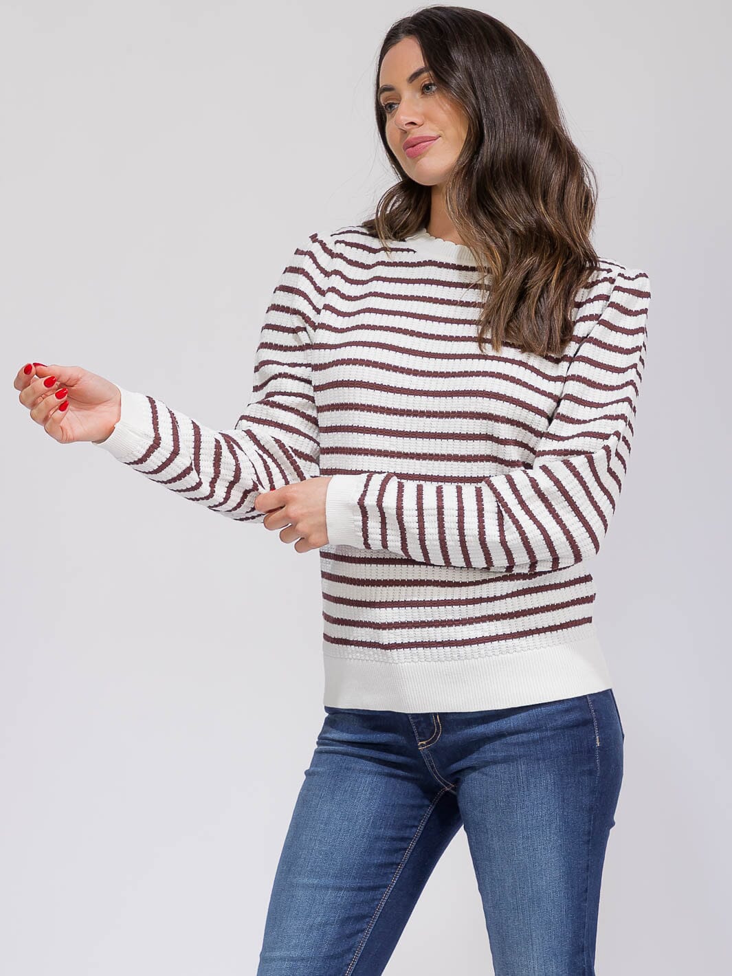 WOMEN'S LONG SLEEVE TRIM DETAILED COLORBLOCK STRIPES BLOUSE