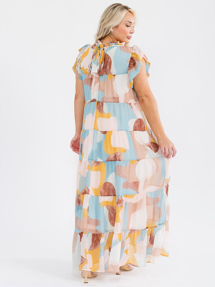 WOMEN'S RUFFLE SLEEVES MOCK NECK FRONT POCKETS MULTI PRINT TIERED MAXI DRESS