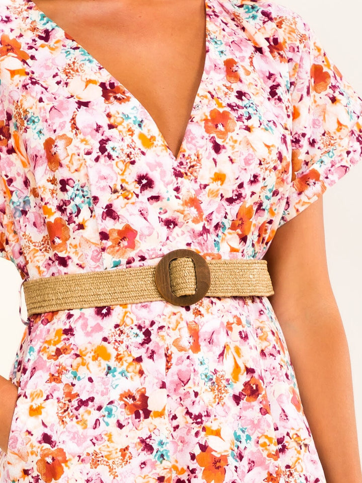 WOMEN'S SHORT SLEEVE V-NECK FRONT POCKETS BELTED FLORAL MIDI DRESS