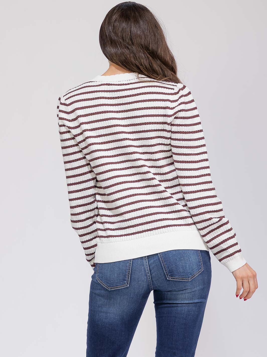 WOMEN'S LONG SLEEVE TRIM DETAILED COLORBLOCK STRIPES BLOUSE