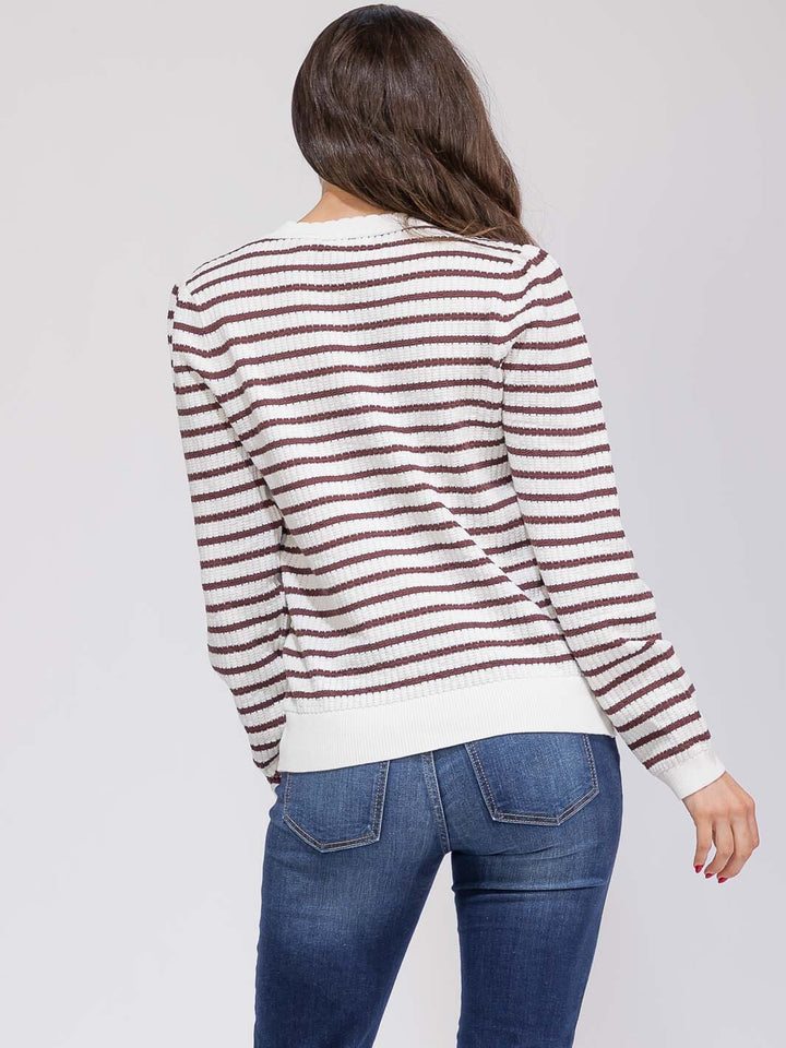 WOMEN'S LONG SLEEVE TRIM DETAILED COLORBLOCK STRIPES BLOUSE