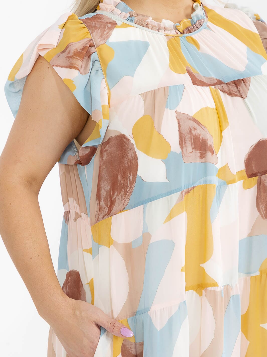 WOMEN'S RUFFLE SLEEVES MOCK NECK FRONT POCKETS MULTI PRINT TIERED MAXI DRESS