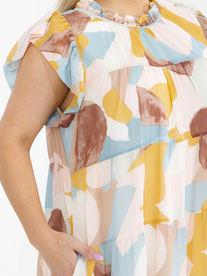 WOMEN'S RUFFLE SLEEVES MOCK NECK FRONT POCKETS MULTI PRINT TIERED MAXI DRESS