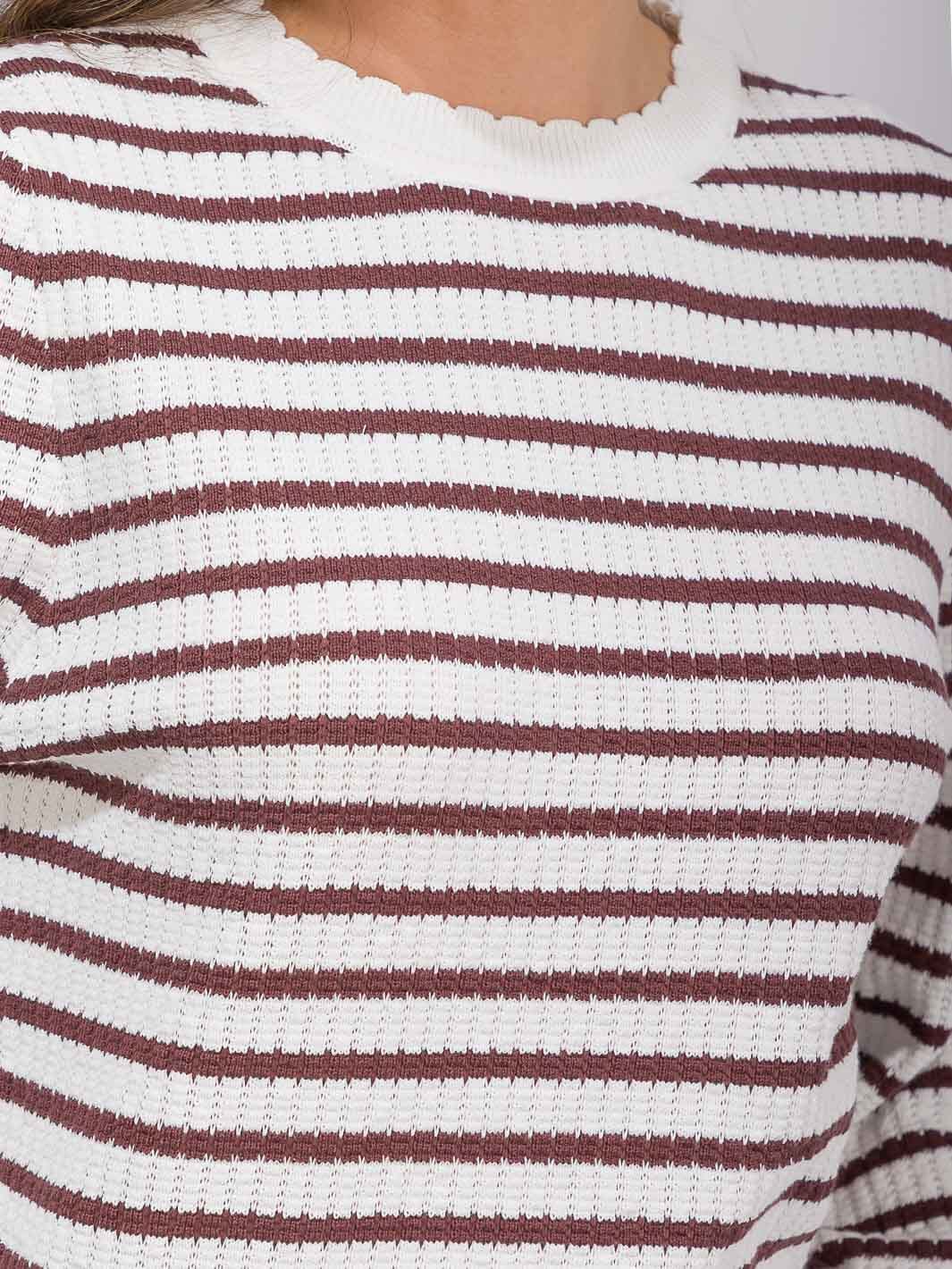 WOMEN'S LONG SLEEVE TRIM DETAILED COLORBLOCK STRIPES BLOUSE