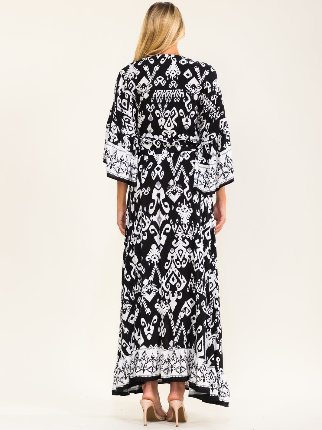 WOMEN'S LONG SLEEVE V-NECK SELF TIE MULTI PRINT MAXI DRESS