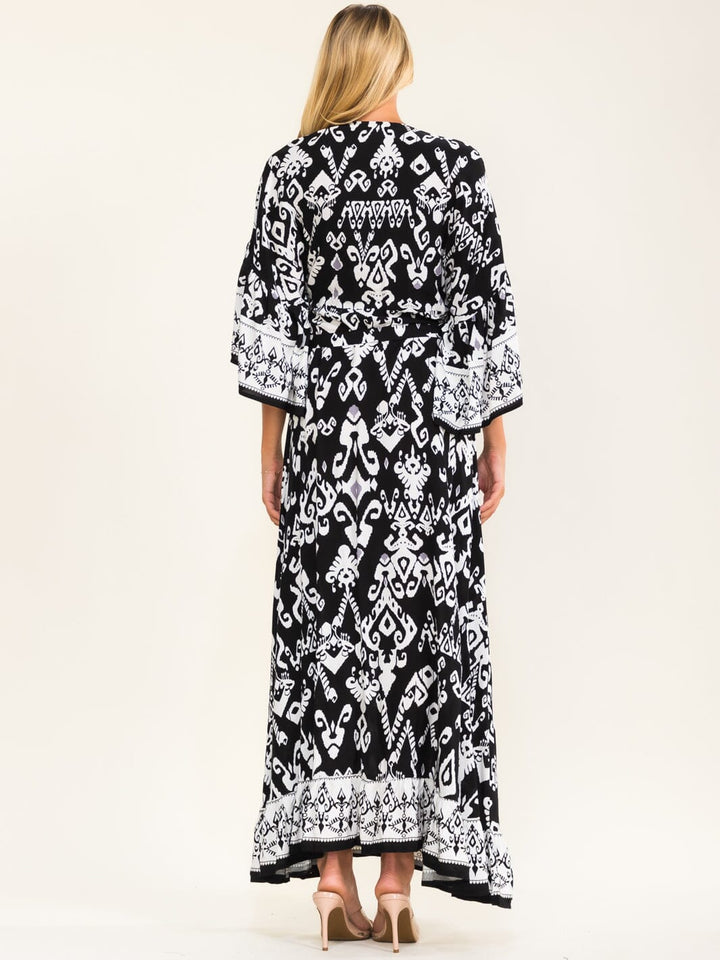 WOMEN'S LONG SLEEVE V-NECK SELF TIE MULTI PRINT MAXI DRESS